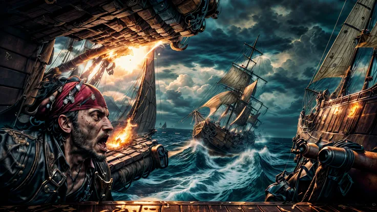 (Epic_Battle_Scene:1.5), (Pirates_Clash_on_Weathered_Deck:1.4), (Swords_Sparking_Under_Burning_Sun:1.5), (Intense_Facial_Expressions_of_Conflict_and_Determination:1.4), (Tattered_Pirate_Flags_Waving_Furiously:1.3), (Guns_Firing_and_Cannons_Exploding:1.5), (Ropes_and_Sails_Snapping_in_the_Wind:1.4), (Seas_Crashing_Against_The_Hull:1.2), (Rich_Details_of_Wooden_Planks_and_Carvings:1.4), (Shouting,_Screaming_and_Battle_Cries:1.3), (Pirates_Swinging_from_Masts_and_Rigging:1.4), (Golden_Treasure_Chests_Toppling_and_Spilling:1.2), (Dramatic_Clouds_and_Lighting_Setting_the_Mood:1.3), (Sense_of_Adrenaline_and_Chaos:1.5), <lora:add_detail:1>, <lora:more_details:0.5>, <lora:epi_noiseoffset2:1>, <lora:LowRA:0.25>, <lora:Eyes:0.5> ,<lora:detailed_eye-10:1> ,<lora:real_skin:1>, by prt