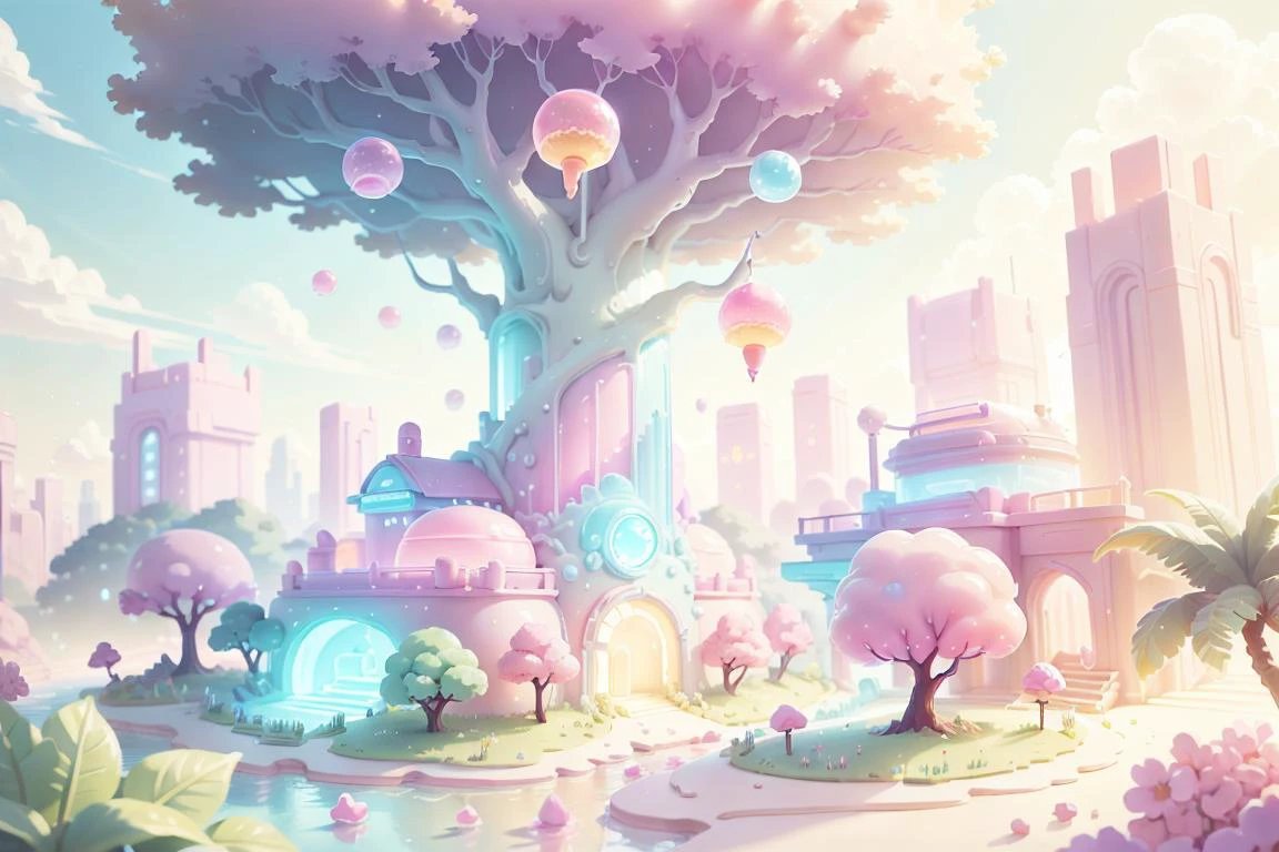 sweets landscape, (treat:1.2), <lora:KawaiiTech-20:0.7> kawaiitech, pastel colors, kawaii, cute colors, scifi, lollipop trees , gello rivers <lora:GelatinTech-20:0.5> gelatintech, see-through, transparent, <lora:GelatoStyle:0.5> GelatoStyle,