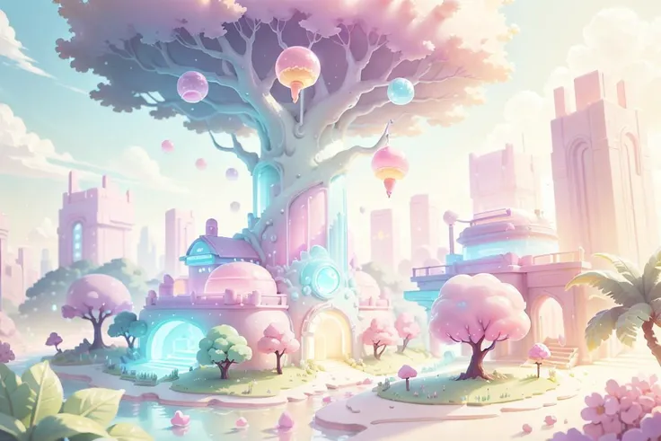 sweets landscape, (treat:1.2),  <lora:KawaiiTech-20:0.7> kawaiitech, pastel colors, kawaii, cute colors, scifi, lollipop trees ,  gello rivers  <lora:GelatinTech-20:0.5> gelatintech, see-through, transparent,  <lora:GelatoStyle:0.5> GelatoStyle,