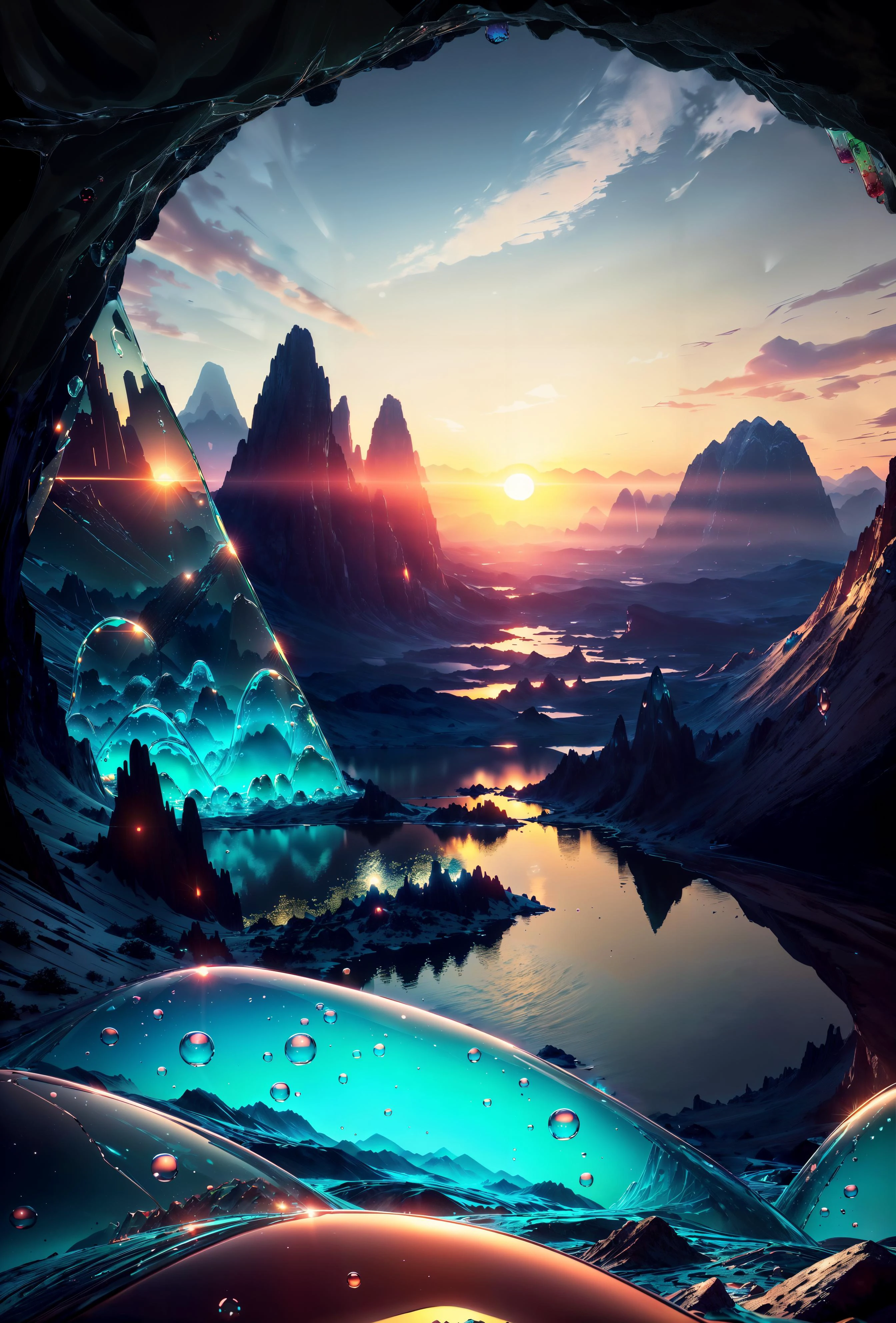 <lora:add_detail:0.6> <lora:GelatinTech-20:0.8> gelatintech, (masterpiece, best quality, realistic, detailed, crisp:1.2), see-through, transparent, (landscape, huge mountains in the distance), sunset, dim light, soothing atmosphere,