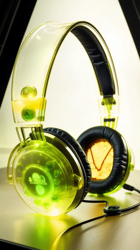 gelatintech Yellow headphones on an empty surface see-through, transparent, gelatinous skin, scifi <lora:GelatinTech-20:1>