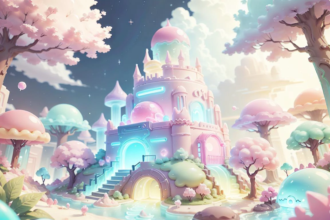 sweets landscape, (treat:1.2), <lora:KawaiiTech-20:0.7> kawaiitech, pastel colors, kawaii, cute colors, scifi, lollipop trees , gello rivers <lora:GelatinTech-20:0.5> gelatintech, see-through, transparent, <lora:GelatoStyle:0.5> GelatoStyle,