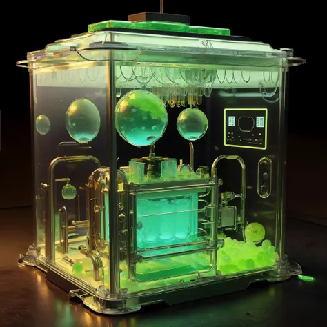 gelatintech Jade a machine infusion center operating in a secret underground bunker see-through, transparent, scifi <lora:GelatinTech-20:1>