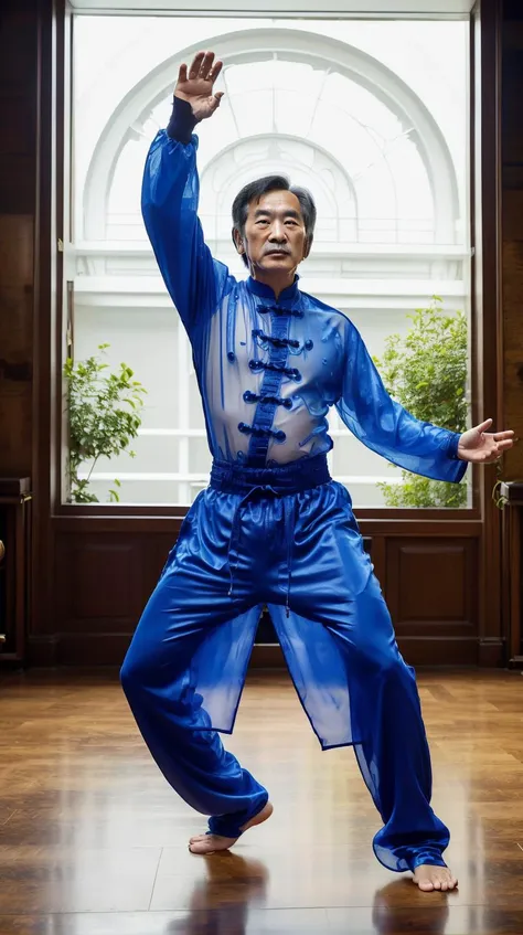 gelatintech Terracotta a 70 y.o. Asian man doing Tai Chi in a community center see-through, transparent, gelatinous skin, scifi <lora:GelatinTech-20:1>