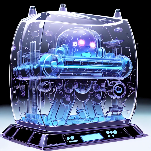 60s scifi ink comic by Jack Kirby, A complex machine, <lora:GelatinTech:0.8> gelatintech, see-through, transparent