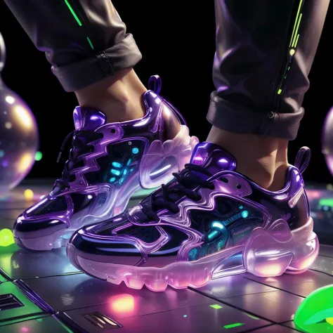 masterpiece, gelatintech, pair of shoes, scifi, (see-through:1.2), transparent, glossy, glowing, neon purple, colorful intricate, detailed, simple background, realistic, best quality, <lora:GelatinTech:1>