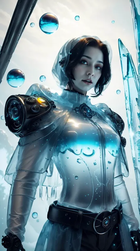 gelatintech Yellow (style-swirlmagic:0.8), portrait, solo, half shot, looking down, detailed background, detailed face, (<lora:GothicHorrorAI:0.5>, gothichorrorai, gothic theme:1.1), ice wizard, wearing tattered blue-white wizard vest, cloak, belt, stoic expression, realm of frost, floating particles, snowlfakes, enchanted glyphs, icicles forming in background, early morning frost, serene atmosphere, see-through, transparent, scifi <lora:GelatinTech-20:1>