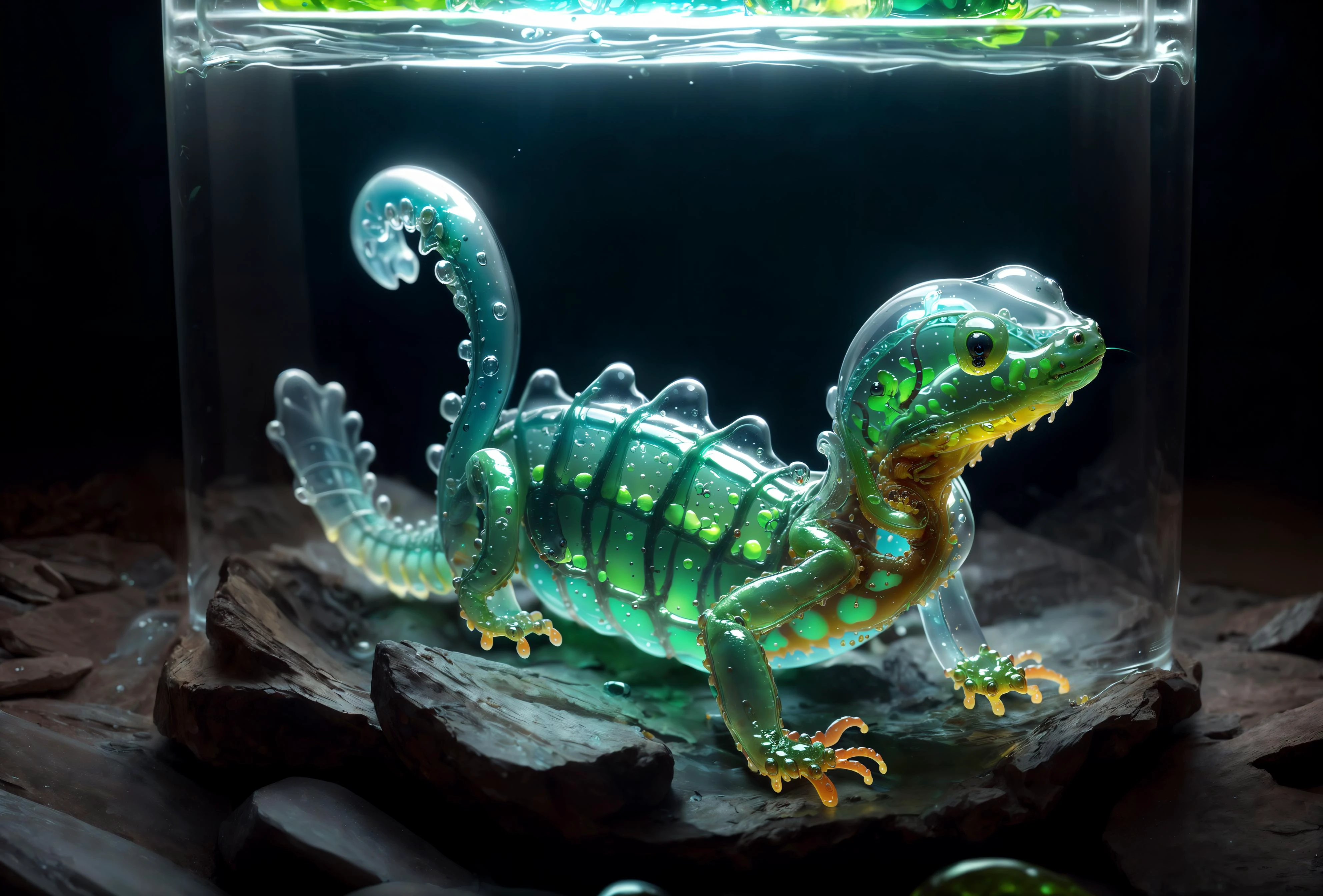 <lora:add_detail:0.6> <lora:GelatinTech-20:0.8> gelatintech, (masterpiece, best quality, realistic, detailed, crisp:1.2), see-through, transparent, (salamander | jelly elemental | skeleton), nature, dim light, soothing atmosphere,