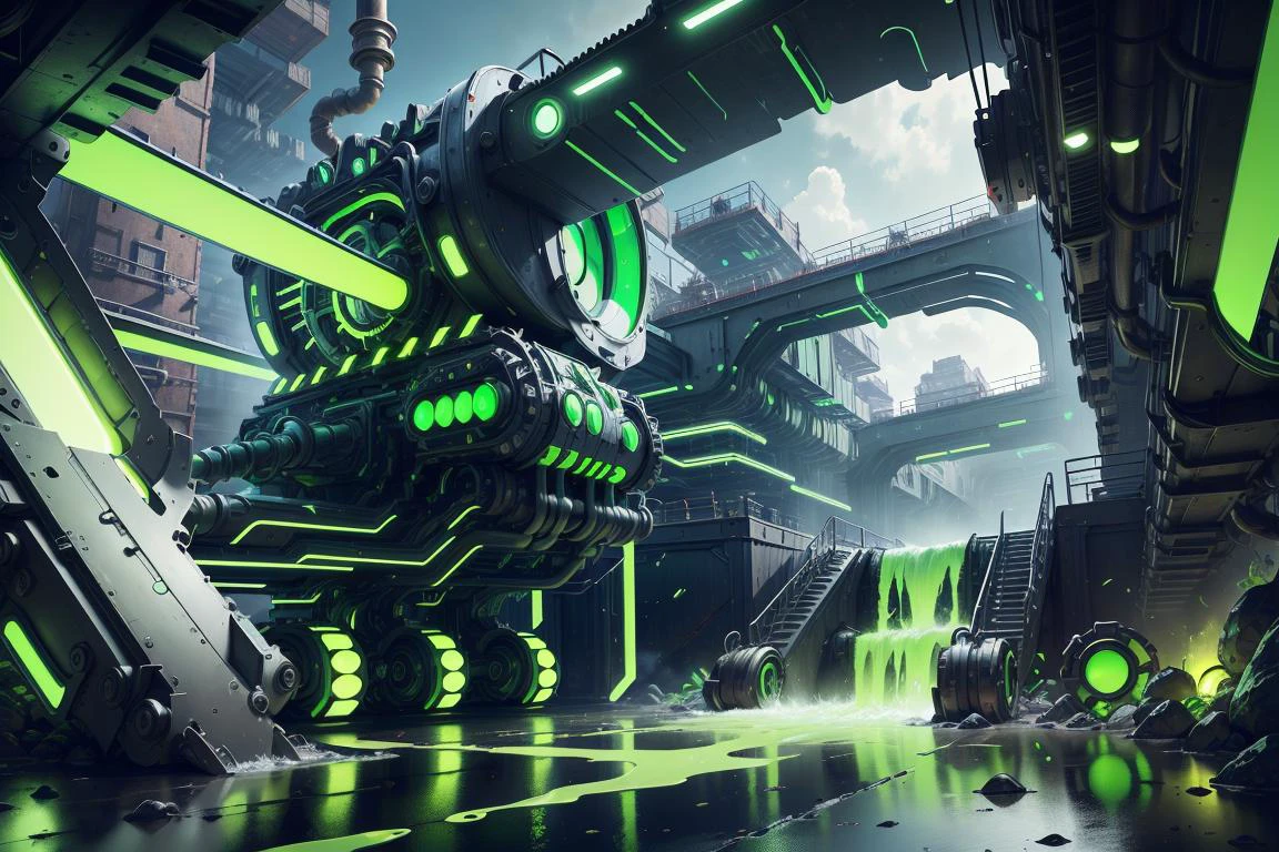 masterpiece, dusty volumetric lighting , depth of field, outdoors,
(industrial:1.2), manufacturing assembly line , conveyor belts , factory, gears, reflective plastic maybe, pipes, scifi, hydraulic, advanced machinery, metal plating,
<lora:EnergyDrinkTech-20:0.6> edrinktech, energy drink, florescent fluid, fluid tubes, <lora:GelatinTech-20:0.6> gelatintech, see-through, transparent, green,