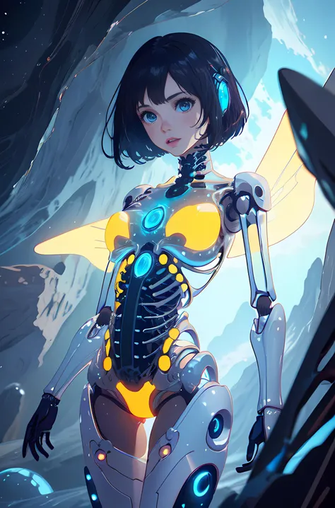 1girl,transparent skin,skeleton is visible,scifi,yellow,see-through,transparent,giggly,gelatin body,highres,original,dreamlike,gelatintech,<lora:GelatinTech:1>,style-nebmagic,, art by greg rutkowski and artgerm, soft cinematic light, adobe lightroom, photolab, hdr, intricate, highly detailed, (depth of field:1.4)