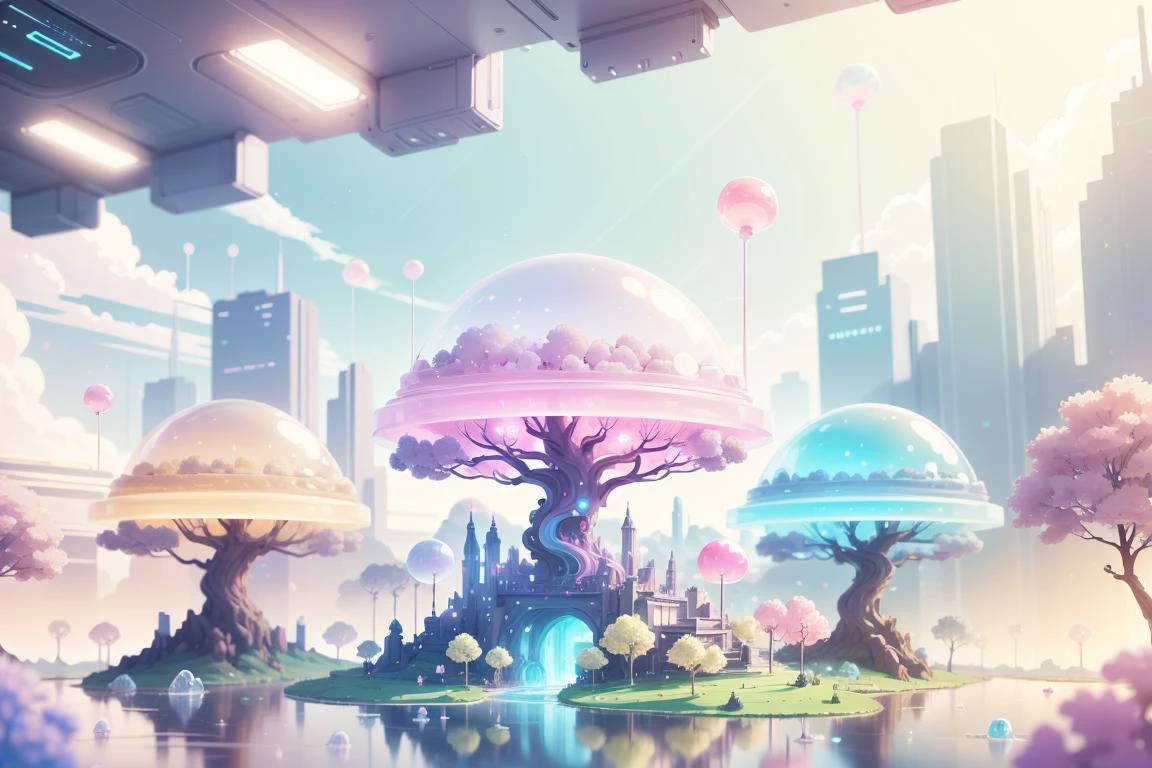 sweets landscape, (treat:1.2), <lora:KawaiiTech-20:0.7> kawaiitech, pastel colors, kawaii, cute colors, scifi, lollipop trees , gello rivers <lora:GelatinTech-20:0.5> gelatintech, see-through, transparent,