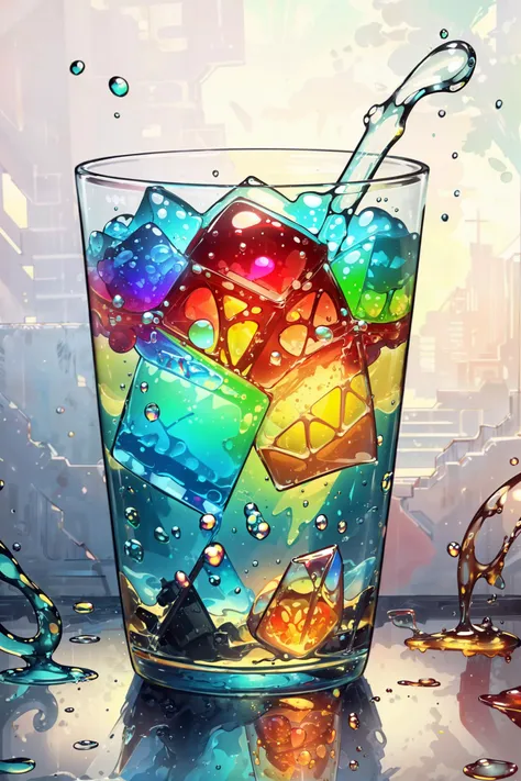 <lora:GelatinTech-20:0.8> gelatintech, (masterpiece, best quality, realistic, highly detailed:1.2), (splash screen, ad), see-through, transparent, (artistic drinking glass), (gelatin pieces:1.2), dense, rainbow gradient, colorful, condensation, colored liquid,