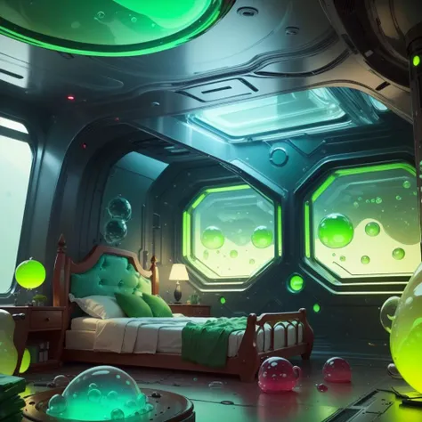 <lora:GelatinTech-20:1>, gelatintech ,  scifi,  see-through,  green , 
(plushtech bedroom),