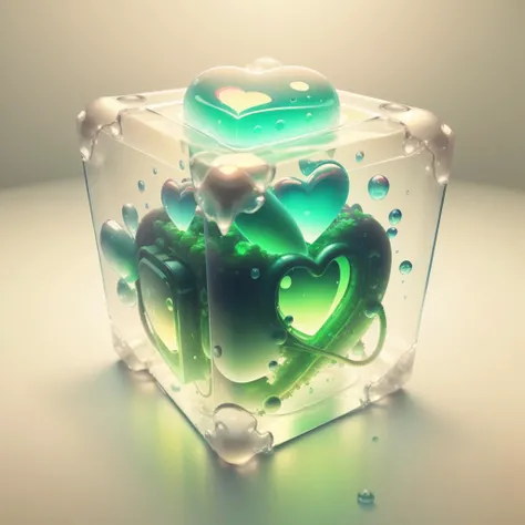 <lora:GelatinTech-20:1>, gelatintech , scifi, see-through,
(simple background:1.3), cube, heart shape , green ,