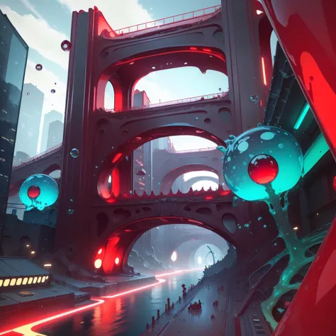 <lora:GelatinTech-20:1>, gelatintech , scifi, red , see-through,
city , bridge, river