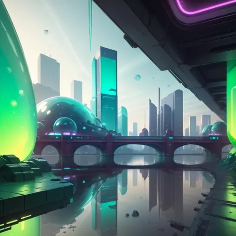 <lora:GelatinTech-20:0.8>, gelatintech , scifi, green , see-through,
city , bridge, river