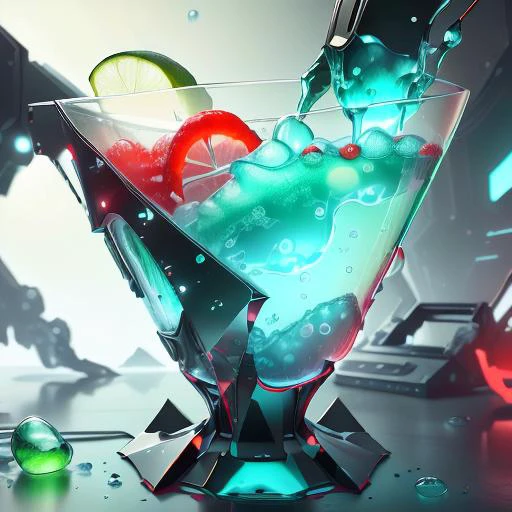 stealthtech , sleek angular , scifi, <lora:StealthTech-20:0.8>
colorful vodka drink (glass cup:1.2), <lora:GelatinTech-20:0.9> gelatintech, see-through, transparent, scifi, green , red
