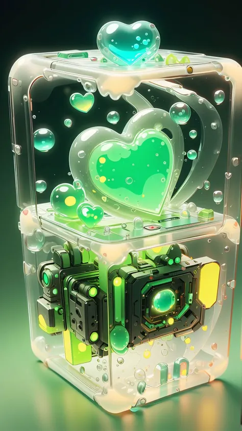 <lora:GelatinTech-20:1>, gelatintech , scifi, see-through, (simple background:1.3), cube, heart shape , green ,