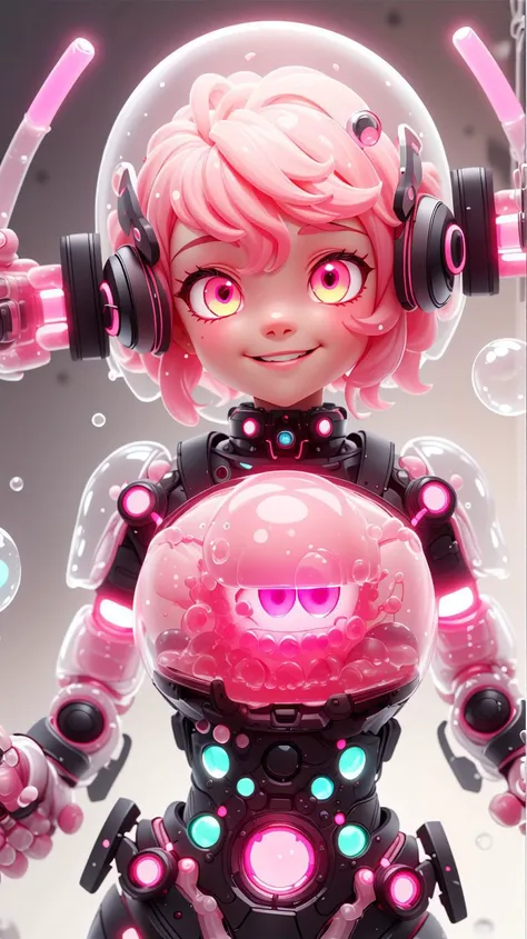 <lora:GelatinTech-20:1>,gelatintech,scifi,pink,transparent,gelatin skin,see-through,scholar,scroll,1girl,short hair,pink hair,glowing eyes,smile,closed mouth,