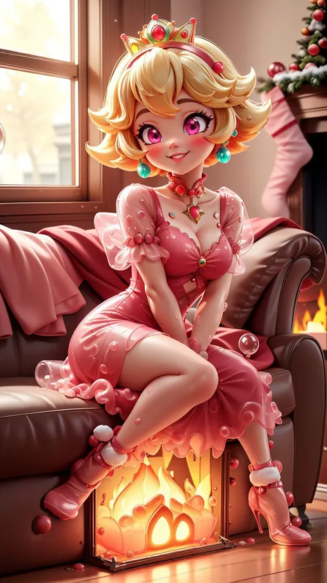 <lora:GelatinTech-20:1>,gelatintech,scifi,pink,transparent,gelatin skin,see-through,scroll,
1girl,short hair,glowing eyes,smile,closed mouth,princess peach,couch,window,fireplace,christmas tree,parted lips,blush,(smile:0.5),pink dress,