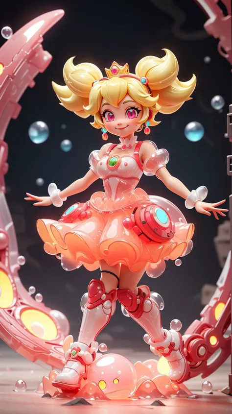 <lora:GelatinTech-20:1>,gelatintech,scifi,pink,transparent,gelatin skin,see-through,scholar,scroll,1girl,princess peach,short hair,blonde hair,glowing eyes,smile,closed mouth,full body,