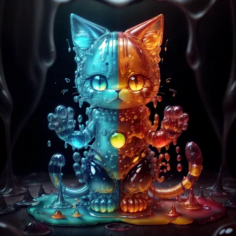 c4tt4stic,1cat, solo, slime cat, slime \(substance\),<lora:GelatinTech-20:1>, gelatintech ,colorful ,multi color, see-through, transparent, gelatin skin,<lora:concept-slimegirls:1>, <lora:add_detail:0.8> <lora:more_details:0.8> <lora:colorfix:0.8> ,cat tail,front view,sfw,<lora:c4tt4stic:0.8>, <lora:gloweyes_v100:0.8> glowing eyes,only 1 tail,backround is a mine with glowing ores and crystals