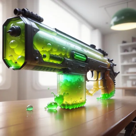 <lora:GelatinTech-20:1.2>, gelatintech , scifi, see-through, green ,
rifle displayed on a table) ,