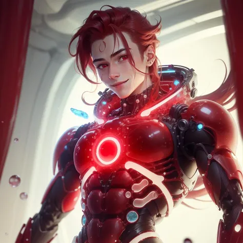<lora:GelatinTech-20:1>, gelatintech , scifi, red , see-through, transparent, gelatin skin,
scholar , scroll, 1boy,long hair, red hair, glowing eyes, smile ,closed mouth,