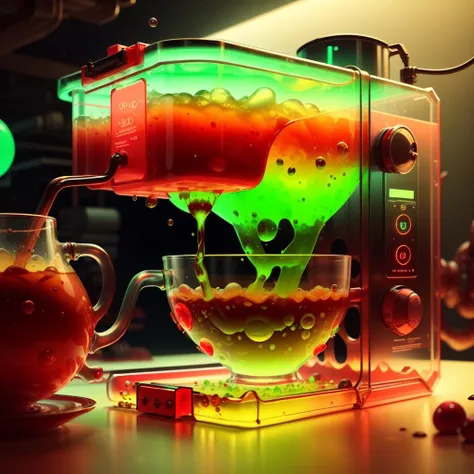 <lora:GelatinTech-20:1>, gelatintech  ,  green and red   , scifi,  see-through, transparent,  ,, 
coffee machine