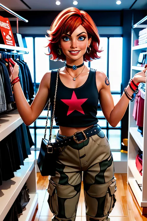 joanna, blue eyes, short red hair, shoulder tattoo, tank top, star (symbol), bracelet, belt, camouflage pants, earrings, choker, wristband, looking at viewer, smiling, happy, mouth open, medium shot, standing, inside a clothing store, clothing rack, holding a shopping bag, bright lighting, crowd, high quality, masterpiece, <lora:JoannaDark:.7>