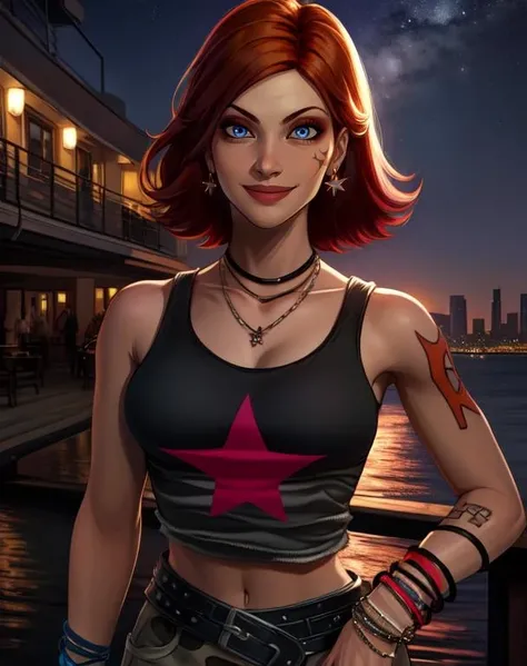 Joanna,short hair,blue eyes,red hair,tattoo,
tank top with star (symbol),bracelet,belt,pants,camouflage,crop top,earrings,chokerwristband,
standing,upper body,smile,
cruise ship,night,stars,
(insanely detailed, beautiful detailed face, masterpiece, best quality),solo,<lora:JoannaDark-10PDZ:0.8>,