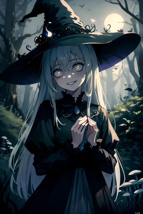 masterpiece, best quality, oficial art, marlier, 1girl, (solo), beautiful, delicate, (nice hands, perfect hands), (beautiful detailed eyes), solo, (full body:0.6), detailed background, head tilt, detailed face, (sinister dark fantasy theme:1.1), crazy smile, constricted pupils, witch hat, (style-sylvamagic:0.8), highly detailed, mushroom themed, dark intricate clothing, natural, moss, mushroom garden in background, peaceful dark night, (fireflies), green magical lights, ethereal atmosphere, moonlight, eerie, myst, unsettling, mystical, absurdres, highres, <lora:Marcelmarlier:0.4> <lora:Crazy_ExpressionsV2:0.8> <lora:Gloomifier_slider_LECO_500w:0.6> <lora:Ukiyo-e:0.2>