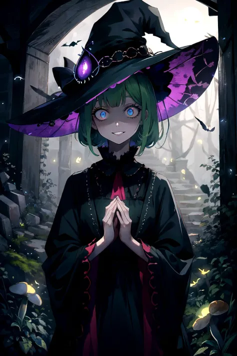 masterpiece, best quality, oficial art, marlier, 1girl, (solo), beautiful, delicate, (nice hands, perfect hands), (beautiful detailed eyes), solo, (full body:0.6), detailed background, head tilt, detailed background, detailed face, (sinister dark fantasy theme:1.1), crazy smile, constricted pupils, witch hat, (style-sylvamagic:0.8), highly detailed, mushroom themed, dark intricate clothing, natural, moss, mushroom garden in background, peaceful dark night, (fireflies), green magical lights, ethereal atmosphere, moonlight, eerie, myst, unsettling, mystical, witchcraft, absurdres, highres, (priscm;blue:0.8), (priscm;red:0.8), (priscm;green:1), <lora:Marcelmarlier:0.8> <lora:Crazy_ExpressionsV2:0.8> <lora:Gloomifier_slider_LECO_500w:1.2>