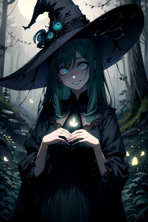 masterpiece, best quality, oficial art, marlier, 1girl, (solo), beautiful, delicate, (nice hands, perfect hands), (beautiful detailed eyes), solo, (full body:0.6), detailed background, head tilt, detailed background, detailed face, (sinister dark fantasy theme:1.1), crazy smile, constricted pupils, witch hat, (style-sylvamagic:0.8), highly detailed, mushroom themed, dark intricate clothing, natural, moss, mushroom garden in background, peaceful dark night, (fireflies), green magical lights, ethereal atmosphere, moonlight, eerie, myst, unsettling, mystical, absurdres, highres, <lora:Marcelmarlier:0.4> <lora:Crazy_ExpressionsV2:0.8> <lora:Gloomifier_slider_LECO_500w:0.6> <lora:Ukiyo-e:0.2>