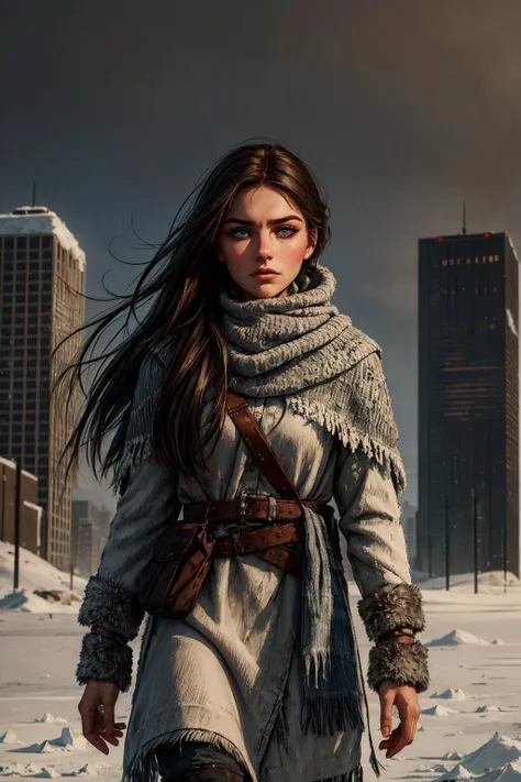 In the bleak aftermath of a nuclear apocalypse, where the world is shrouded in an eternal nuclear winter, envision a lone figure scavenger a young woman walking in [dynamic] alerted anxious pose amidst the desolation, with frozen city civilization (skyscrapers) in background with  dark hair, slim skinny toned body, [beautiful], [perfect], and [highly detailed] youthful [cute face] with upturned blue eyes. It displays a [flushed] complexion and a defined jawline [with overbite], accompanied by [full cheeks] marked with [detailed contours], [cute dimples], and adorned with [face highlighter] and [dark makeup] with eyeliner. Her [delicately proportioned features], [long defined chin], and [high cheekbones] complement her [nose, slightly upturned at the tip] and [narrow nose bridge].
She is the embodiment of resilience in a world frozen by the nuclear ice age. Picture her bundled up in tattered, layered clothing, each piece a testament to survival. Her breath mingles with the frosty air as she gazes across the frozen, barren landscape.
The sky above is an eerie canvas of ashen gray, devoid of the vibrant hues of the past. The once-mighty skyscrapers now stand as icy monoliths, their shattered windows reflecting the muted sunlight.
The ground beneath her feet is a patchwork of frozen wasteland, where the remnants of civilization lie buried beneath layers of snow and ice. She clutches a makeshift weapon, a symbol of her determination to survive in this harsh new world.
As she stands there, a solitary figure in this frozen apocalypse, there's a glimmer of hope in her eyesâa belief that somewhere, amidst the icy desolation, there is still a chance for life to bloom once more. This is a vision of a post-nuclear ice age <lora:add_detail:0.5>  <lora:sxz-slavic-fantasy:0.5>  <lora:hairdetailer:0.5> <lora:Gloomifier_slider_LECO_500w:1>