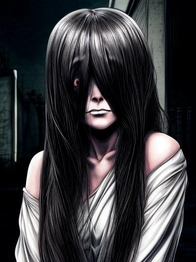 (masterpiece, best quality:1.2), highres, intricate details, detailed hair, portrait, raw photo, <lora:sadako:1.1>, Sadako, pale skin, grey skin, <lora:constricted_pupils_v0.2a:0.8>, creepy smile, night city background, <lora:Gloomifier_V2_TheGlow:1>, <lora:Gloomifier_TheDread_V1_LECO:1.2>, <lora:add_detail:2>