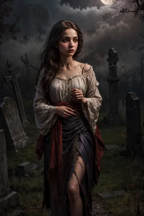 In the eerie and gothic ambiance of a moonlit cemetery, envision a solitary woman, her presence shrouded in both sorrow and allure, leaning gracefully against a crumbling mausoleum.
Picture this desolate scene as the full moon casts an ethereal glow upon the decaying tombstones, their once-mighty inscriptions now obscured by time and overgrown ivy. A thick, ghostly fog blankets the ground, lending an otherworldly stillness to the night, and the restless souls of the departed seem to whisper in the fog.
On this grim stage, a lone woman leans with haunting grace against the moss-covered mausoleum, her striking beauty contrasting starkly with the surroundings. Her form, [delicate and enchanting], seems almost otherworldly in this somber place. She possesses slim [skinny figure] that grace her [slender form] with toned concave belly and smooth abdomen and petite [small breasts] a [narrow waist], and [graceful legs], her every movement a captivating dance.
Her face, bathed in the moon's pale light and softened by the fog's eerie embrace, boasts a [fair complexion] with clean smooth shiny skin, a canvas for emotions to play. A [soft, enigmatic jawline] adds to her allure, tracing the contours of [rosy cheeks] marked with [subtle blush], an enigmatic hint of secrets and passions. Her features are exquisite, with [a finely sculpted chin], and [delicate cheekbones] that add to her mystique. Her [nose, slightly upturned at the tip], adds to her charm, and her [charmingly full lips], parted ever so slightly, convey an air of enigmatic allure, their natural beauty enhanced by [deep red lipstick].
Her eyes hold a [hypnotic gaze], the [deep azure] of her irises contrasting beautifully against the fog. Her [arched, alluring eyebrows] frame her gaze, inviting those who dare to delve into the depths of her soul. [Long, alluring eyelashes] and [subtle, smoky eyeliner] hint at a life steeped in shadows, and her [enigmatic smile] holds the power to both enchant and haunt. Hair with strands of bangs hanging loosely.
The [vertical distance between her eyes and mouth], a [sensuous 30% of her face's length], draws the eye, while the [horizontal distance between her eyes] measures [50% of her face's width], a testament to her beguiling symmetry. Her skin, kissed by the moon's gentle light and wrapped in the ghostly fog, radiates a [ghostly pallor], her [delicate pores] adding to her unearthly charm.
In her solemn repose, she seems to embody the [essence of melancholy], a [deep well of emotions] within her. As the [chilled night air] carries echoes of forgotten souls and the fog envelopes her like a shroud, she remains leaning against the crumbling mausoleum, her [presence a haunting paradox] of beauty amidst the macabre.
This is the tale of a woman whose beauty and allure defy the boundaries between the living and the departed. Step into a world where [gothic mystique] and [enigmatic desires] intertwine, and where this [bewitching figure] stands as a haunting embodiment of the cemetery's secrets." <lora:add_detail:0.5>  <lora:bichu-v0612:0.5>   <lora:sxz-slavic-fantasy:0.5>  <lora:hairdetailer:0.5>   <lora:Gloomifier_slider_LECO_500w:0.5>