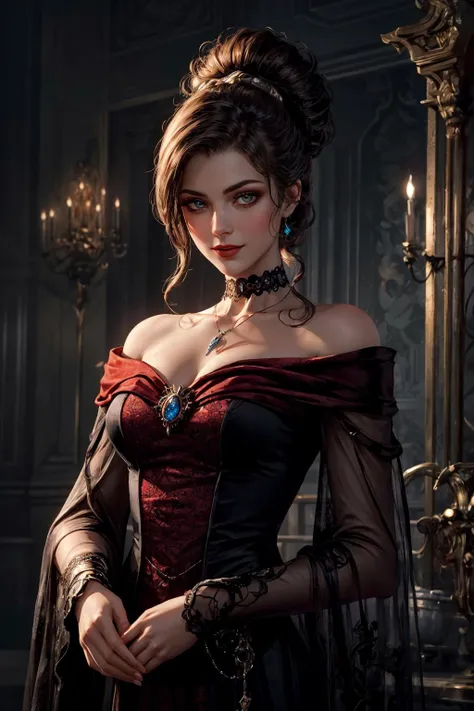 Picture a futuristic noblewoman, a scion of one of Terra's great houses, in the (grim) and (technologically grandiose) (steampunk) setting of (((Warhammer 40k))). She stands within the opulent confines of a sprawling [high-tech] futuristic [sci-fi] palace, a fusion of (Gothic architecture) and (advanced machinery), its towering obsidian spires adorned with dark banners bearing the sigil of her noble house.
The palace is a testament to the (dark majesty of technology) within this dystopian future. [Ornate, arched doorways] are not only richly decorated but equipped with (intricate mechanical locks), and the entire structure resonates with the omnipresent hum of (arcane machinery), which powers and sustains this advanced civilization.
The noblewoman herself embodies both regal grace and technological sophistication. Her attire blends decadence with power, featuring a [floor-length gown] made of [rich, dark velvet], adorned with [intricate lacework], and highlighted with [deep crimson accents].
Her [delicately arched jawline] adds to her allure, tracing the contours of [full cheeks] adorned with [subtle blush], a hint of secrets and passions. [Exquisite features], a [long, inviting chin], and [graceful cheekbones] harmonize with her [nose, slightly upturned at the tip], adding to her allure and a warm, shy smile. Her [parted lips], as alluring as pomegranate, with [pearly white teeth], [smiling shyly], her natural beauty complemented by [tinted lip balm].
Her eyes hold a [hypnotic gaze], the [rich brown] of her irises set against [white sclera]. [Elegantly curved eyebrows], [long, inviting eyelashes], and [subtle eyeshadow] hint at a life steeped in shadows.
Around her neck, she wears a [lace choker] with a pendant bearing the emblem of her house, a symbol of her noble lineage. Her [raven-black hair], elegantly coiffed, cascades down, held in place by [ornate hairpins] featuring her family's crest.
Her [alabaster skin] is untouched by the ravages of time, and her [intelligent gaze] holds the weight of centuries of imperial rule. She carries herself with a [haughty demeanor], a testament to her noble heritage.
The palace's grand halls are illuminated by [edison bulb], casting flickering shadows on the colossal tapestries and [priceless artworks] that adorn the walls. The air is heavy with the scent of [incense] and [subtle perfumes], masking the stench of the polluted world outside.
Here, [arcane machinery] seamlessly intertwines with the Gothic architecture, serving as a testament to both the grandeur and technological prowess of this dark future.
This is a glimpse into the opulent and shadowed world of Warhammer 40k's noble elite, where a noblewoman of Terra's great houses stands as a symbol of power and decadence in an era marked by unending war and darkness, all within the backdrop of a gothic realm adorned with (advanced technology) <lora:add_detail:0.5>  <lora:Gloomifier_slider_LECO_500w:1> <lora:bichu-v0612:0.5>