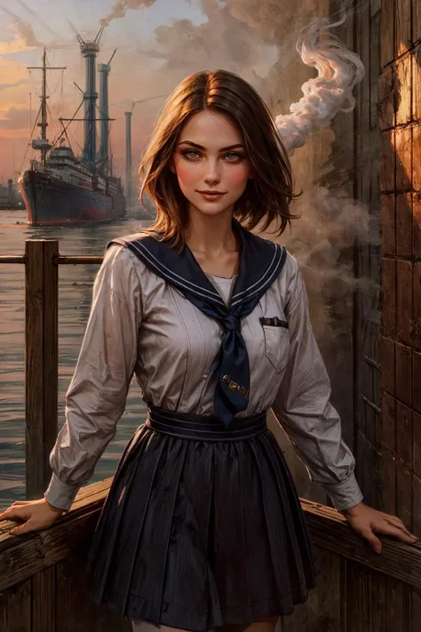 In the heart of a bustling 19th-century industrial port city, envision a striking young sailor. She embodies the spirit of the era, with [youthful allure], [delicate curves], a [narrow waist], and [smooth, unblemished skin], a captivating figure amidst the gritty, smoke-choked streets.
Her attire pays homage to her maritime lifeâa sailor's rugged yet alluring ensemble. She wears a weathered blue uniform adorned with patches, its fabric hinting at countless adventures on the high seas. Her shirt is partially unbuttoned, revealing a glimpse of [subtle curves] and [sun-kissed skin]. Tousled hair frames her face, and her stance exudes a hint of [sultry confidence]. Her [delicately arched jawline] adds to her allure, tracing the contours of [full cheeks] adorned with [subtle blush], a hint of secrets and passions. [Exquisite features], a [long, inviting chin], and [graceful cheekbones] harmonize with her [nose, slightly upturned at the tip], adding to her allure and warm shy (smile)
[Parted lips, as alluring as pomegranate] with [pearly white teeth], carry an air of [subtle mystery], their natural beauty complemented by [tinted lip balm]. Her eyes hold a [hypnotic gaze], the [rich brown] of her irises set against [white sclera]. [Elegantly curved eyebrows],  [Long, inviting eyelashes] and [smoky eyeliner]
The industrial port city sprawls before her, with red brick warehouses and factories lining the bustling docks. Ivy clings to the aged structures, nature's persistent intrusion into the urban chaos.
Enormous steamships dominate the dockside, their chimneys spewing thick plumes of smoke, adding to the grimy atmosphere. The city's gritty taverns, where sailors gather to tell tales of far-off lands, beckon from the shadows.
In the midst of this industrial spectacle, the sailor navigates with irresistible confidence, her presence a captivating paradox in the midst of a rapidly evolving world.
This is a glimpse into a sprawling port city during the 19th-century industrial revolution, where red brick warehouses, bustling docks, and the enduring allure of a young sailor capture the essence of a bygone era, where adventure, survival, and allure thrived in a gritty and dynamic world. <lora:add_detail:0.5>  <lora:bichu-v0612:0.5>   <lora:sxz-slavic-fantasy:0.5>  <lora:hairdetailer:0.5>   <lora:Gloomifier_slider_LECO_500w:0.5>