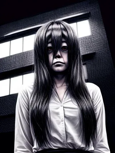 (masterpiece, best quality:1.2), highres, intricate details, detailed hair, portrait, raw photo, light coming from below, <lora:sadako:0.9>, Sadako, pale skin, grey skin, white shirt, <lora:constricted_pupils_v0.2a:0.8>, creepy smile, night city background, <lora:Gloomifier_V2_TheGlow:1>, <lora:Gloomifier_TheDread_V1_LECO:1.2>, <lora:add_detail:2>