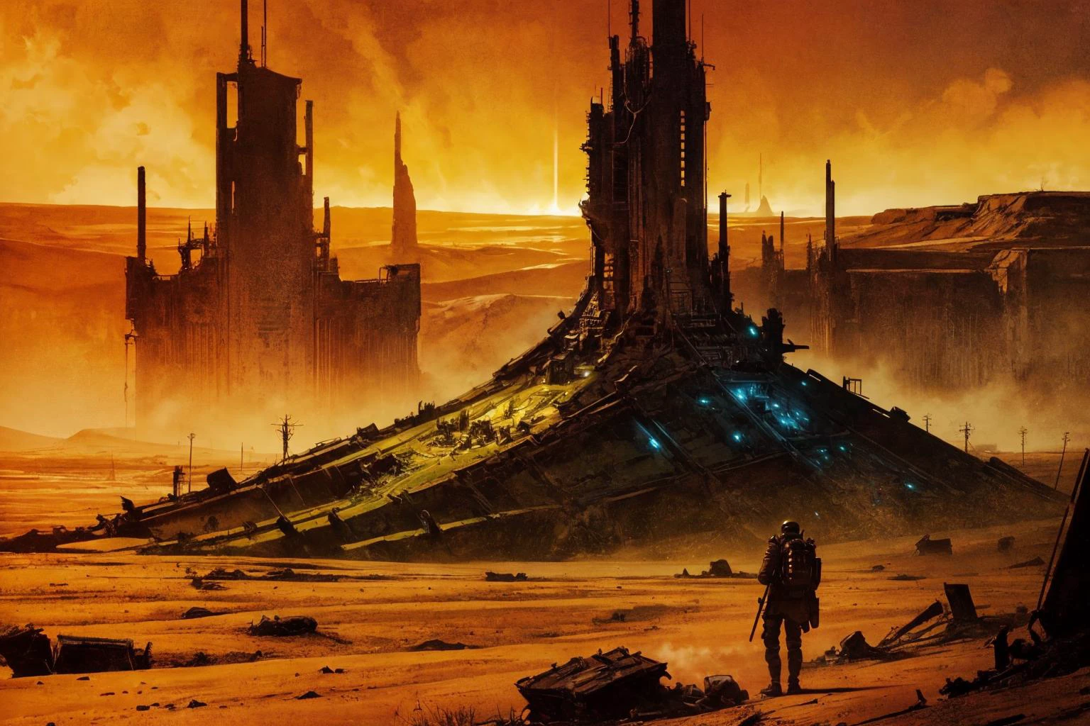 Generate a mesmerizing (landscape) art masterpiece that vividly portrays a captivating science fiction landscape, rendered in a retro style reminiscent of [HR Giger]'s iconic work. The theme should exude an eerie sense of otherworldly wonder, cloaked in a foreboding ambiance. The image should be characterized by meticulous linework, dynamic shading, and masterful backlighting, all in a palette of raw, vivid colors that are gently diffused by soft light.
The focal point of this scene is the desolate, dead planet with a yellow-green tinted sky and a [toxic atmosphere]. The planet's surface is an eerie junkyard of dead mechanical monstrosities, the remnants of a brutal and long-forgotten planetary conflict.
The landscape itself is as treacherous as it is beautiful, with howling sand and dust storms that periodically scour the surface. The planet bears the scars of time, its eroded surface marked by deep canyons and crumbling mountains, a testament to the ancient forces that have shaped this desolation.
Every aspect of this scene is meticulously detailed, from the eerie, towering war machines to the eerily eroded planet, creating a futuristic setting of unparalleled intricacy and depth. <lora:add_detail:0.5>  <lora:methurlant:0.5> <lora:bichu-v0612:0.5>   <lora:Gloomifier_slider_LECO_500w:0.7>