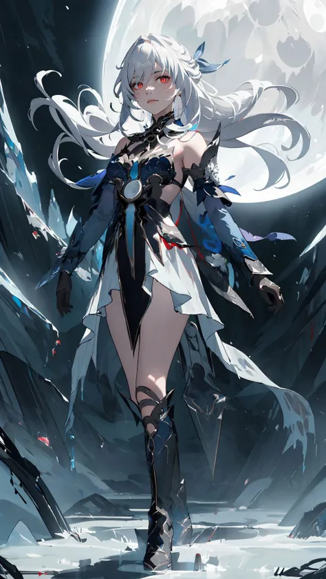 (masterpiece, top quality, best quality, official art:1.2), extreme detailed, 1girl, red eyes, silver hair, long hair, short girl, (small breasts:1.5), ff14style, (black mage:1), magician dress, black robes, white coat, very long straight hair, silver hair, small breasts, small girl, smile, full body, holding a magic staff, outdoors, snow