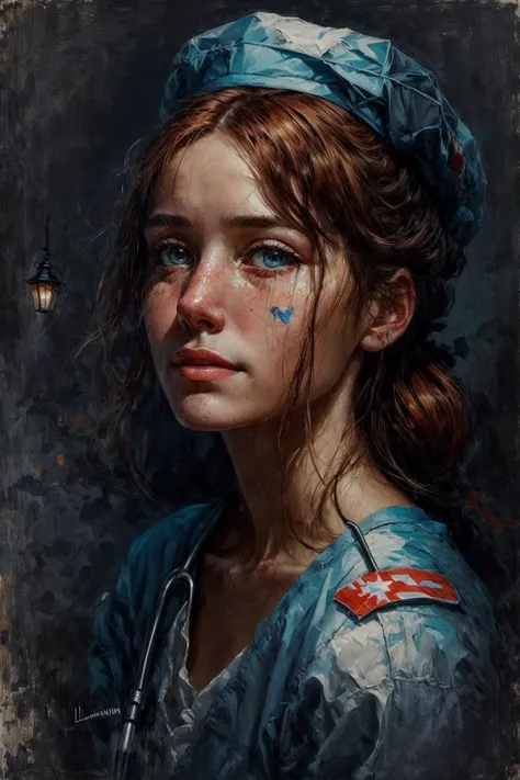 In the midst of the harrowing landscapes of World War I, a field hospital stands as an oasis of compassion amid the chaos of conflict. The scene is painted in the style of Hans Larwin, capturing the raw emotion and vivid details of this pivotal moment in history.
A young nurse, a beacon of hope amidst the darkness of war. Her (slim and slender) figure is enveloped in the traditional uniform of her profession, a stark contrast to the rugged and worn surroundings. Her (auburn hair) peeks out from under her nurse's cap, framing her (delicate face) with an expression of steadfast determination.
The intensity of the moment is palpable in her (gentle blue eyes), which radiate a mix of compassion and resilience as she treats the soldier's injuries. Her (soft lips) convey a sense of reassurance in (warm smile), her presence a source of comfort for those who bear the scars of battle.
The field hospital, nestled in the heart of the war-torn landscape, is a testament to the indomitable spirit of those who offer solace amid the ravages of war. The camera captures the intricate details of the makeshift medical station, from the meticulous arrangements of medical supplies to the dim light filtering through the canvas walls.
Larwin's distinctive brushwork brings to life the textures of the nurse's uniform, the soldier's worn clothing, and the rough canvas cots that serve as beds. The interplay of light and shadow heightens the emotional depth of the scene, with the soft glow of lanterns casting a warm and comforting ambiance amidst the darkness.
As the nurse tends to the soldier, a sense of camaraderie and shared humanity emergesâthe unbreakable bond that forms between those who face the horrors of war together. The authenticity of the moment is captured through the rich layers of detail and the evocative use of color, each stroke of the brush revealing the depth of their connection.
In this scene, Larwin's artistic touch transcends the physicality of the image, reaching into the emotional core of the human experience. The camera's lens captures not just the act of medical care, but the profound impact of compassion and empathy in the midst of the tumultuous backdrop of World War I. <lora:add_detail:0.5> <lora:bichu-v0612:0.5> <lora:detailed_eye:0.7> <lora:Gloomifier_slider_LECO_500w:1>