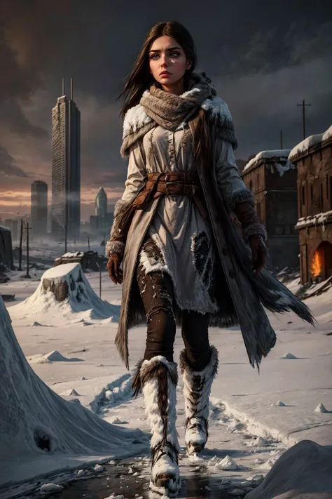 In the bleak aftermath of a nuclear apocalypse, where the world is shrouded in an eternal nuclear winter, envision a lone figure scavenger a young woman walking in [dynamic] alerted anxious pose amidst the desolation, with frozen city civilization (skyscrapers) in background with  dark hair, slim skinny toned body, [beautiful], [perfect], and [highly detailed] youthful [cute face] with upturned blue eyes. It displays a [flushed] complexion and a defined jawline [with overbite], accompanied by [full cheeks] marked with [detailed contours], [cute dimples], and adorned with [face highlighter] and [dark makeup] with eyeliner. Her [delicately proportioned features], [long defined chin], and [high cheekbones] complement her [nose, slightly upturned at the tip] and [narrow nose bridge].
She is the embodiment of resilience in a world frozen by the nuclear ice age. Picture her bundled up in tattered, layered clothing, each piece a testament to survival. Her breath mingles with the frosty air as she gazes across the frozen, barren landscape.
The sky above is an eerie canvas of ashen gray, devoid of the vibrant hues of the past. The once-mighty skyscrapers now stand as icy monoliths, their shattered windows reflecting the muted sunlight.
The ground beneath her feet is a patchwork of frozen wasteland, where the remnants of civilization lie buried beneath layers of snow and ice. She clutches a makeshift weapon, a symbol of her determination to survive in this harsh new world.
As she stands there, a solitary figure in this frozen apocalypse, there's a glimmer of hope in her eyesâa belief that somewhere, amidst the icy desolation, there is still a chance for life to bloom once more. This is a vision of a post-nuclear ice age <lora:add_detail:0.5>  <lora:sxz-slavic-fantasy:0.5>  <lora:hairdetailer:0.5> <lora:Gloomifier_slider_LECO_500w:1>