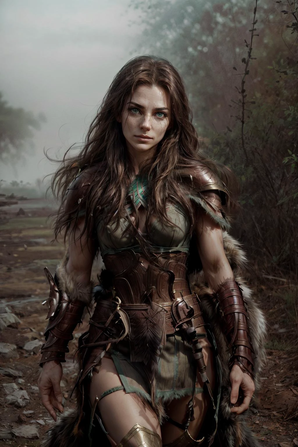 Create a powerful and evocative scene inspired by Boudica, Celtic (barbarian) warrior queen, standing in the mist-shrouded vast moorlands of Britain. She is adorned in tribal rough [fur armor] with bronze elements, a fierce tribal warrior holding a (Roman standard) aloft. Boudica's auburn hair cascades down, adding to her commanding presence.
Her facial features are striking, with captivating green eyes that pierce through the mist with determination. Delicate freckles adorn her skin, a subtle detail that adds to her natural beauty. Full lips convey both strength and femininity in (coy smile), while a delicate jawline complements her regal presence and blue markings, [blue war paint], on her face.
Boudica's physique is slender and fit, her toned body exuding strength and resilience. Despite the battlefield, her figure features prominent and well-toned muscles. The [fur armor] she wears accentuates her powerful yet elegant form.
Her chest is adorned with fur armor, revealing a glimpse of her big, well-defined breasts and a visible cleavage that symbolizes both strength and femininity. Capture the essence of Boudica's strength, pride, and resilience in this image, set against the backdrop of the misty British green moorlands     <lora:bichu-v0612:0.5>  <lora:detailed_eye-10:0.5>   <lora:Gloomifier_slider_LECO_500w:0.8> <lora:hairdetailer:0.8>  <lora:fitgirl_v10:0.8>  <lora:GarkEst-10:0.8>