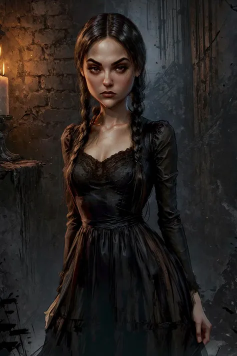 Generate a high-quality image of Wednesday Addams (koh_sashagrey) during Halloween eve. She is standing on the grand, dimly lit staircase of an ancient, eerie, and gothic mansion. Wednesday is a tall, slim, and pale young woman with long, jet-black hair, almost reaching her waist. Her hair is straight and perfectly styled, framing her beautiful, oval face. She has large, expressive, and slightly melancholic dark brown eyes that give her an enigmatic look. Her skin is porcelain white, and she has a delicate, pointed nose.
Wednesday is dressed in a revealing, skin-tight black dress that accentuates her alluring figure. The dress features intricate details that blend seamlessly with the gothic aesthetic. Her attire is both fashionable and macabre, perfectly capturing her unique style.
The setting should exude a spooky, atmospheric vibe, with flickering candlelight, cobwebs, and hauntingly elegant décor. It's a perfect scene for a Halloween celebration. The overall image should capture her iconic gothic charm and the macabre ambiance of the mansion. <lora:add_detail:0.5> <lora:methurlant:0.5> <lora:sxz-slavic-fantasy-v1:0.5> <lora:bichu-v0612:0.5> <lora:RAL:0.5> <lora:Gloomifier_slider_LECO_500w:0.7> <lora:hairdetailer:0.7> <lora:wednesday_addams:1>