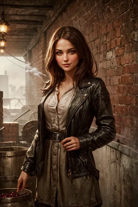In the heart of a bustling 19th-century industrial port city, envision a striking young adventurer. She embodies the spirit of the era, with [youthful allure], [delicate curves], a [narrow waist], and [smooth, unblemished skin], a captivating figure amidst the gritty, smoke-choked streets.
Her attire pays homage to her adventurous lifeâa rugged ensemble fit for a daring explorer. She wears a weathered leather jacket adorned with patches, its fabric hinting at countless adventures in distant lands. Beneath it, a partially unbuttoned shirt reveals a glimpse of [subtle curves] and [sun-kissed skin]. Tousled hair frames her face, and her stance exudes a hint of [sultry confidence].
Her [delicately arched jawline] adds to her allure, tracing the contours of [full cheeks] adorned with [subtle blush], a hint of secrets and passions. [Exquisite features], a [long, inviting chin], and [graceful cheekbones] harmonize with her [nose, slightly upturned at the tip], adding to her allure and warm shy (smile). Her [parted lips], as alluring as pomegranate, with [pearly white teeth], carry an air of [subtle mystery], their natural beauty complemented by [tinted lip balm].
Her eyes hold a [hypnotic gaze], the [rich brown] of her irises set against [white sclera]. [Elegantly curved eyebrows], [long, inviting eyelashes], and [smoky eyeliner] hint at a life steeped in shadows.
The industrial port city sprawls before her, with red brick warehouses and factories lining the bustling docks. Ivy clings to the aged structures, nature's persistent intrusion into the urban chaos.
Enormous steamships dominate the dockside, their chimneys spewing thick plumes of smoke, adding to the grimy atmosphere. The city's gritty taverns, where adventurers gather to share tales of their exploits in far-off lands, beckon from the shadows.
In the midst of this industrial spectacle, the adventurer navigates with irresistible confidence, her presence a captivating paradox in the midst of a rapidly evolving world.
This is a glimpse into a sprawling port city during the 19th-century industrial revolution, where red brick warehouses, bustling docks, and the enduring allure of a young adventurer capture the essence of a bygone era, where daring exploration, survival, and allure thrived in a gritty and dynamic world.<lora:add_detail:0.5>  <lora:bichu-v0612:0.5>   <lora:sxz-slavic-fantasy:0.5>  <lora:hairdetailer:0.5>   <lora:Gloomifier_slider_LECO_500w:0.5>