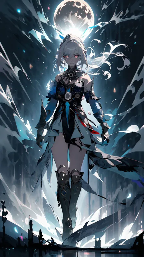 1girl, solo, looking at viewer, red eyes, gloves, dress, bare shoulders, boots, sky, closed mouth, black gloves, night, moon, night sky, full moon, white hair, elegant, dynamic pose, long hair, floating hair, black ice, <lora:JingliuV5-10:1>, <lora:Gloomifier_V2_TheGlow:2>, <lora:midjourney_20230624181825:0.8>, midjourney, BREAK, (masterpiece, 4k, 8k, ultra hires, exremely detailed, good shadow, good light, deep shadow, unreal, high resolution, ultra detailed, best quality, ultra high res, visually stunning, beautiful, award-winning art, best quality, stunningly beautiful:1.2)