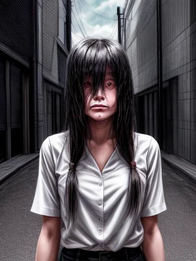 (masterpiece, best quality:1.2), highres, intricate details, detailed hair, portrait, raw photo, <lora:sadako:0.9>, Sadako, pale skin, grey skin, white shirt, <lora:constricted_pupils_v0.2a:1>, night city background, <lora:Gloomifier_V2_TheGlow:1>, <lora:Gloomifier_TheDread_V1_LECO:1.2>, <lora:add_detail:2>
