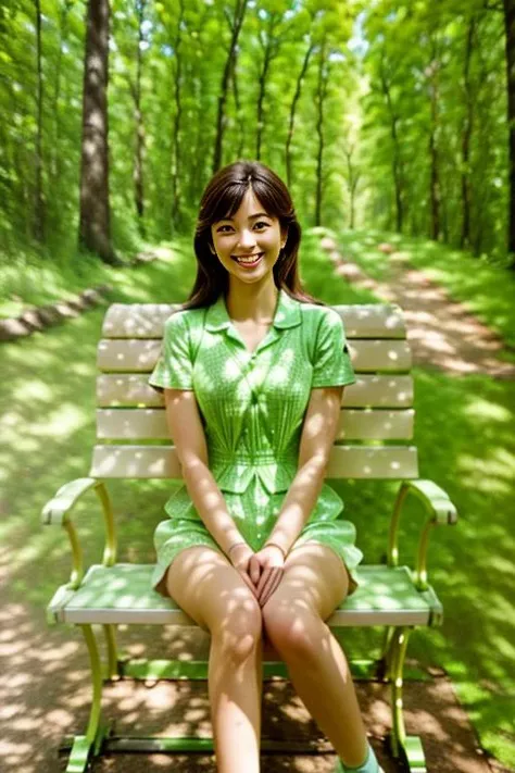 photo of a woman, 1girl, sitting on a bench in a forrest, trees, trail, 30 years old, solo, realistic, (masterpiece:1.1), (best quality:1.1), beautiful, (intricate details), unity 8k wallpaper, ultra detailed, beautiful, aesthetic, perfect lighting, <lora:add_detail:0.5> eyes, grin, parted lips, <lora:Gloomifier_slider_LECO_500w:-8>
